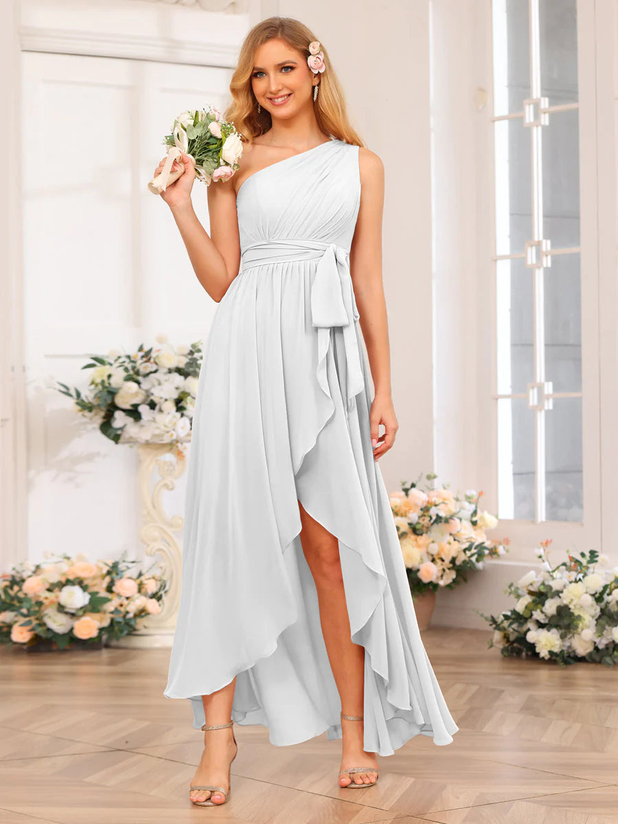 A-Line/Princess One-Shoulder Long Wedding Party Dresses With Sash