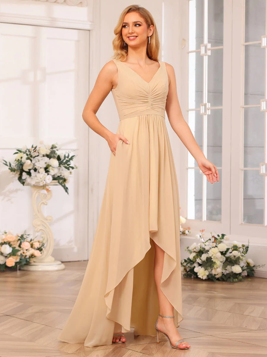 A-Line/Princess V-Neck Long Wedding Party Dresses With Pockets