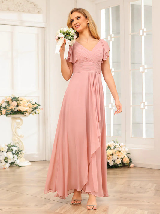 A-Line/Princess V-Neck Long Wedding Party Dresses With Ruffles