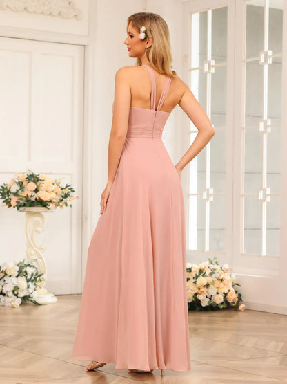 A-Line/Princess Halter Long Wedding Party Dresses With Split Side