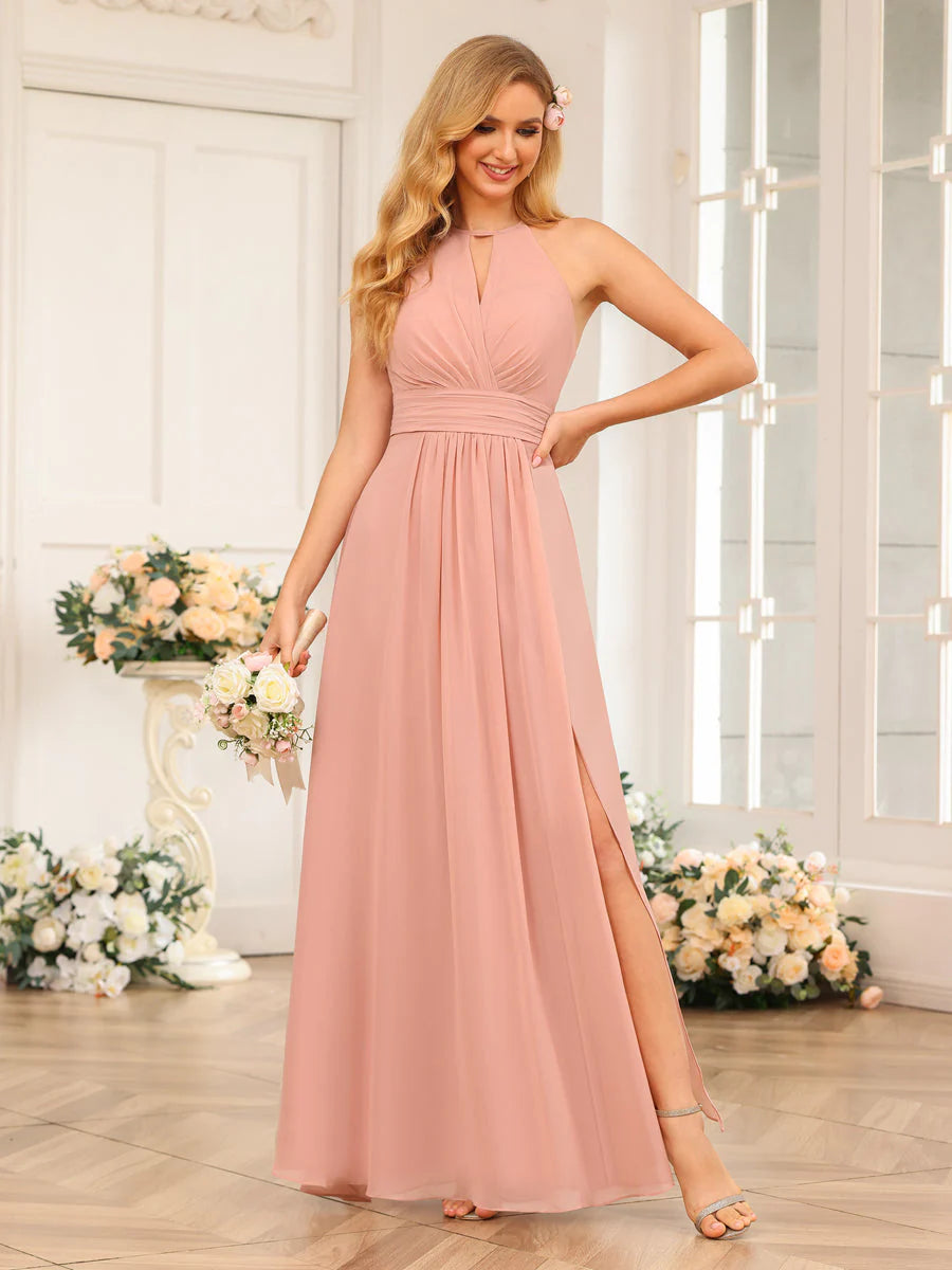 A-Line/Princess Halter Long Wedding Party Dresses With Split Side