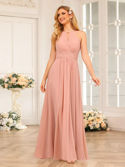 A-Line/Princess Halter Long Wedding Party Dresses With Split Side