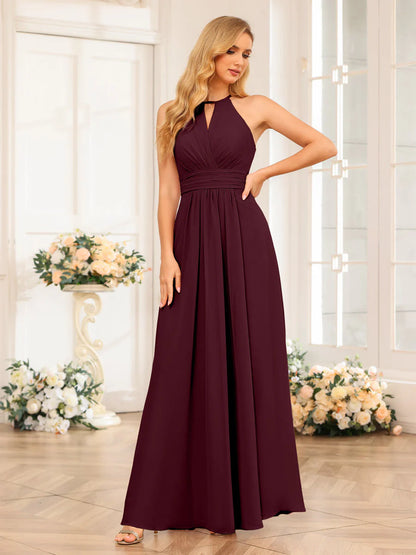 A-Line/Princess Halter Long Wedding Party Dresses With Split Side