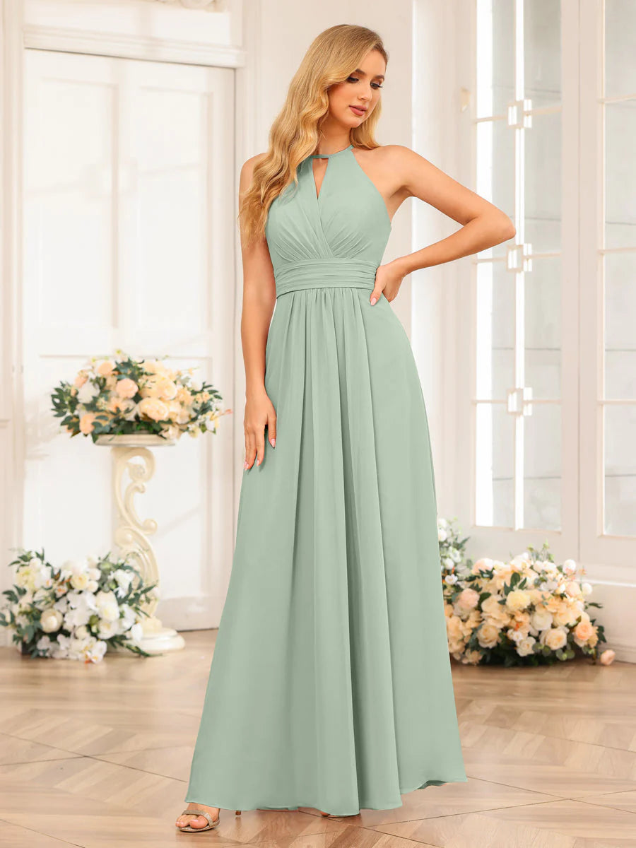 A-Line/Princess Halter Long Wedding Party Dresses With Split Side