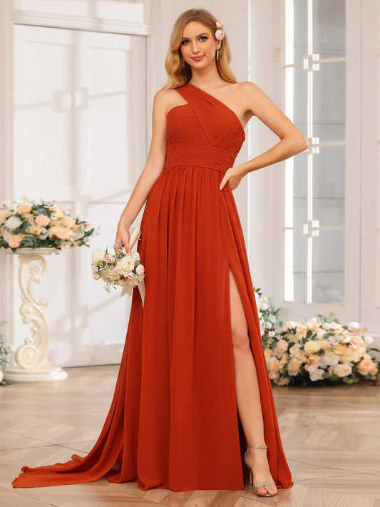 A-Line/Princess One-Shoulder Long Wedding Party Dresses With Watteau Train