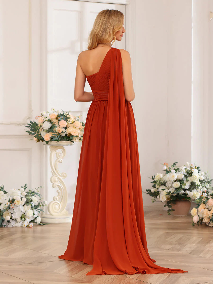 A-Line/Princess One-Shoulder Long Wedding Party Dresses With Watteau Train