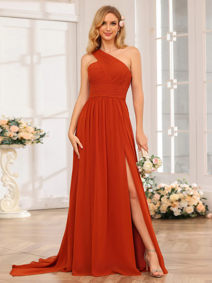 A-Line/Princess One-Shoulder Long Wedding Party Dresses With Watteau Train