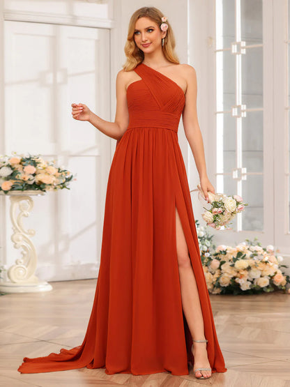 A-Line/Princess One-Shoulder Long Wedding Party Dresses With Watteau Train