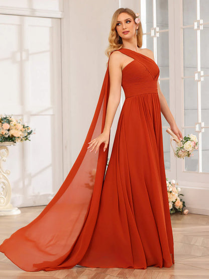 A-Line/Princess One-Shoulder Long Wedding Party Dresses With Watteau Train