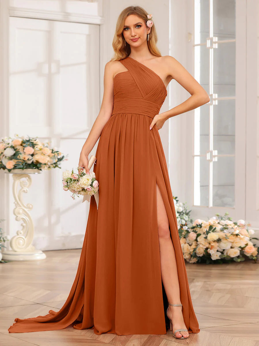 A-Line/Princess One-Shoulder Long Wedding Party Dresses With Watteau Train