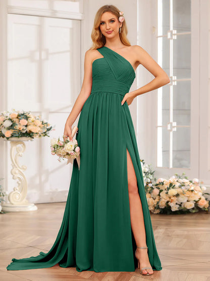 A-Line/Princess One-Shoulder Long Wedding Party Dresses With Watteau Train