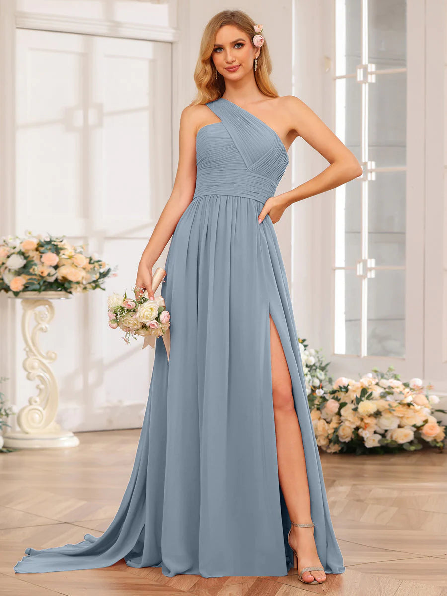 A-Line/Princess One-Shoulder Long Wedding Party Dresses With Watteau Train