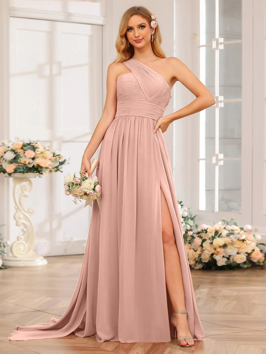 A-Line/Princess One-Shoulder Long Wedding Party Dresses With Watteau Train