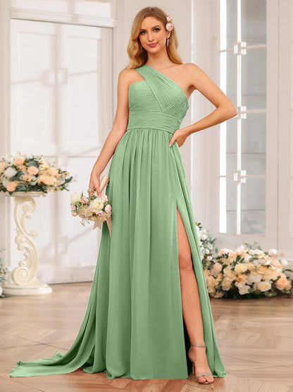 A-Line/Princess One-Shoulder Long Wedding Party Dresses With Watteau Train