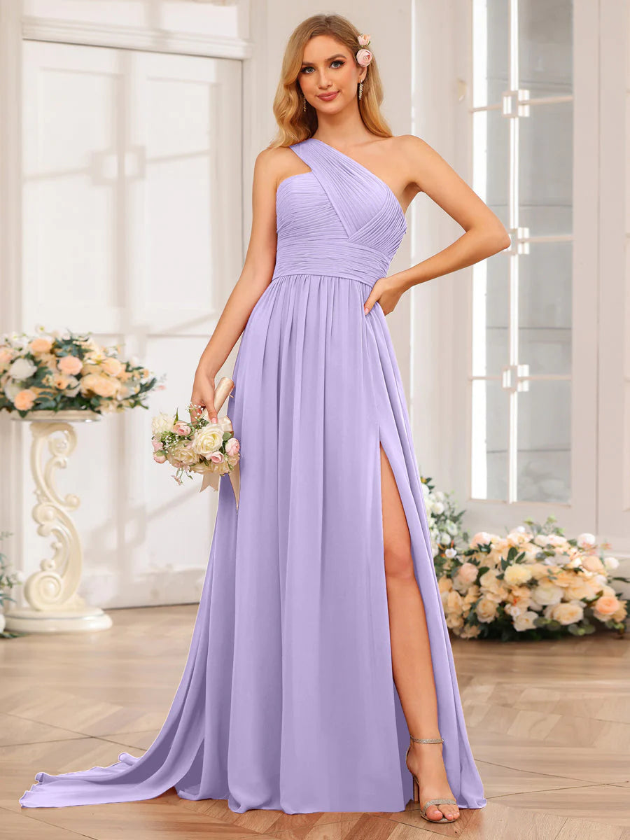 A-Line/Princess One-Shoulder Long Wedding Party Dresses With Watteau Train