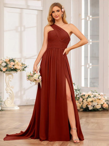 A-Line/Princess One-Shoulder Long Wedding Party Dresses With Watteau Train