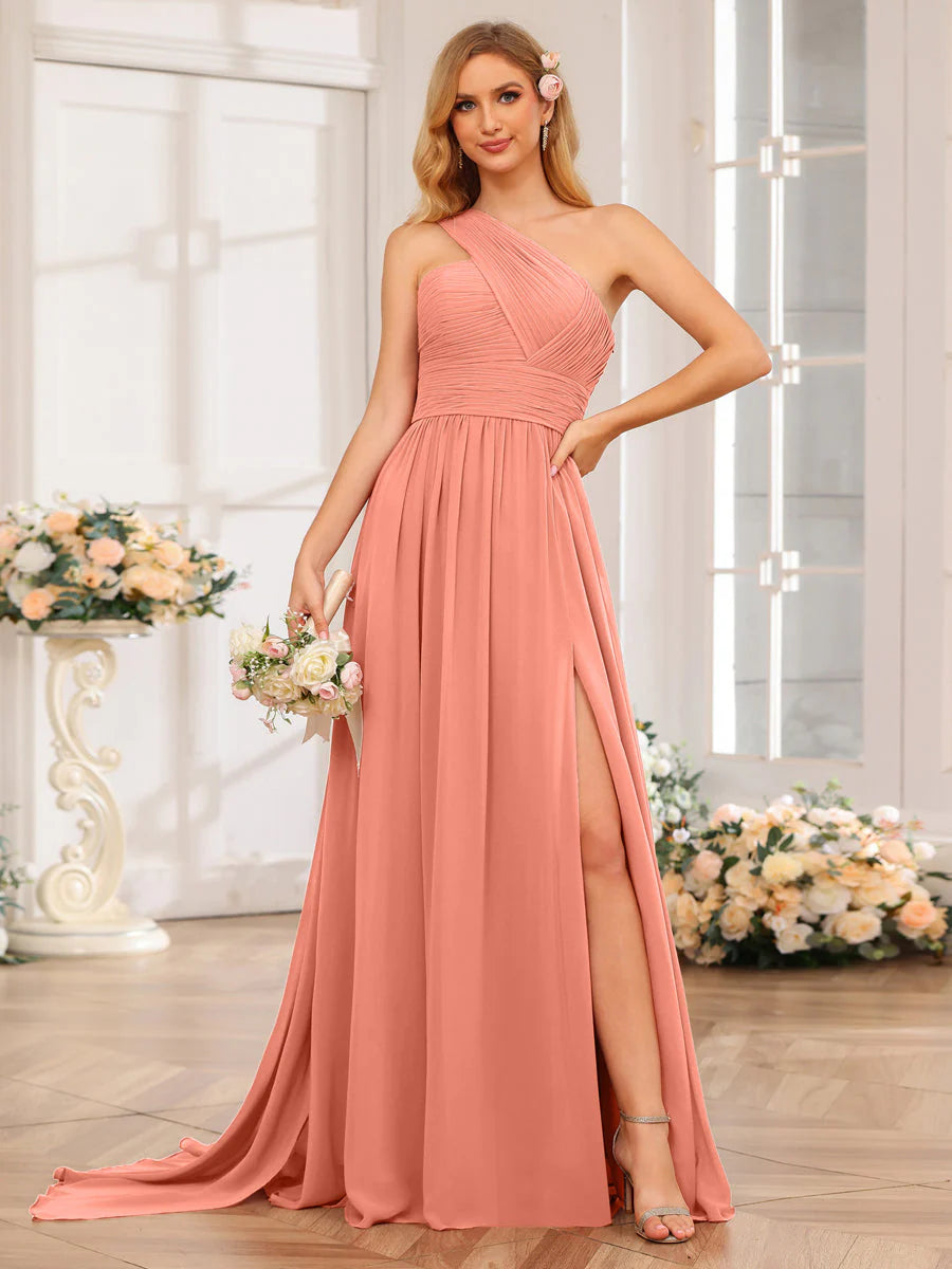 A-Line/Princess One-Shoulder Long Wedding Party Dresses With Watteau Train