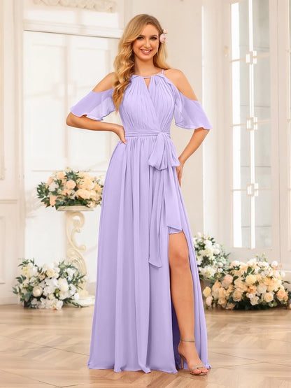 A-Line/Princess Halter Long Wedding Party Dresses With Split Side & Sash