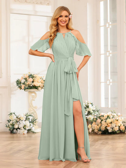 A-Line/Princess Halter Long Wedding Party Dresses With Split Side & Sash