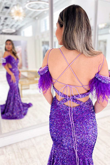 Purple Iridescent Sequin Feather Cold-Shoulder Cutout Mermaid Long Dress