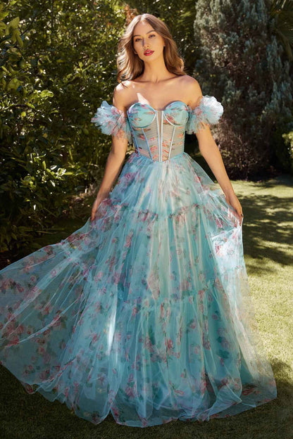 Blue Floral Printed Party Dress Ball Gown Strapless Tulle Long Prom Dress