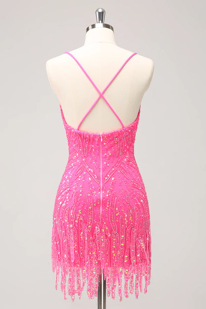 Tight Sequins V Neck Homecoming Dress with Fringes