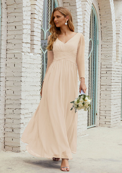 A-line V Neck Full/Long Sleeve Ankle-Length Chiffon Mother of the Bride Dress With Pleated