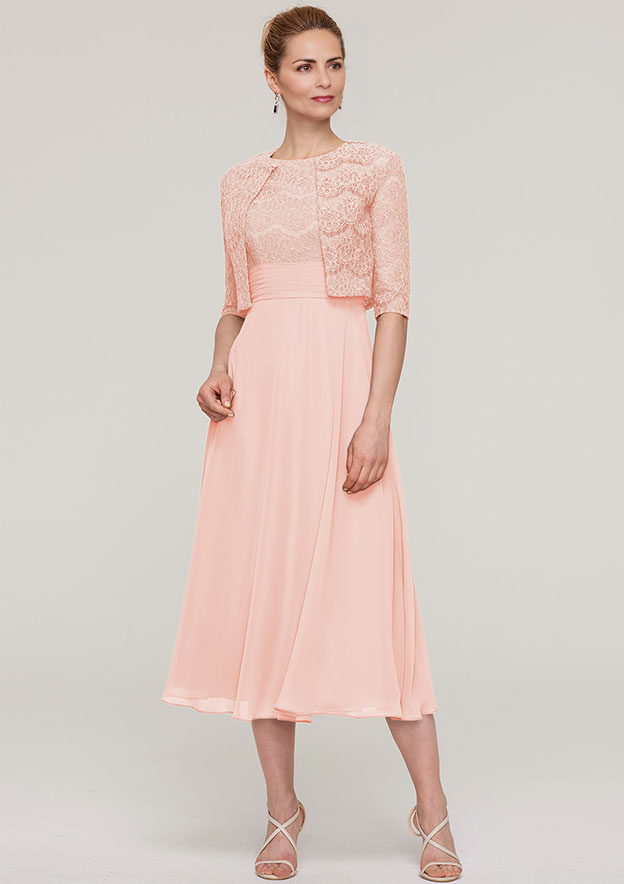 A-line/Princess Scoop Neck Sleeveless Tea-Length Chiffon Mother of the Bride Dress With Lace Jacket