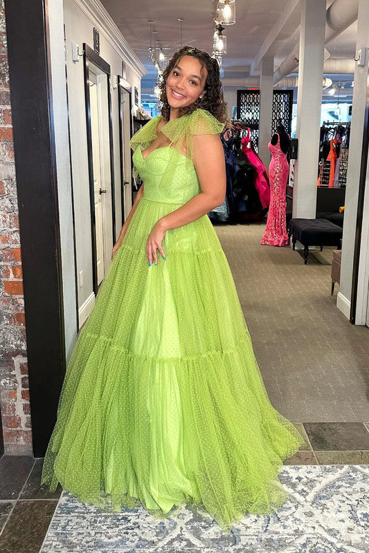 Sage Green Sweetheart Tulle Long Prom Dresses with Bow Tie