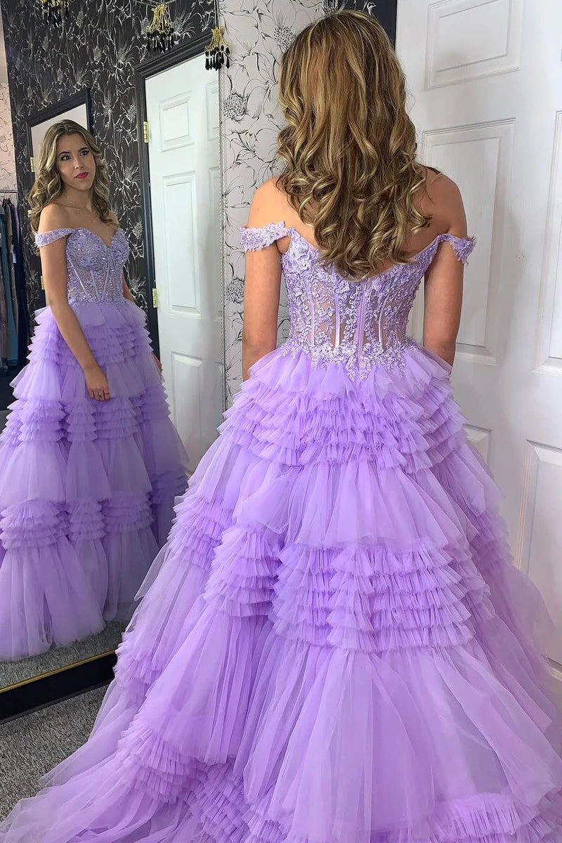 Lilac Off the Shoulder Tiered Tulle Long Prom Dresses with Appliques