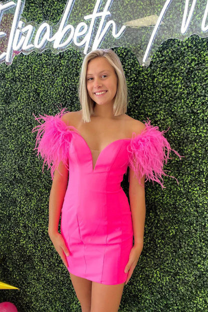 Fuchsia Sheath Off the Shoulder Satin Homecoming Dress With Feather