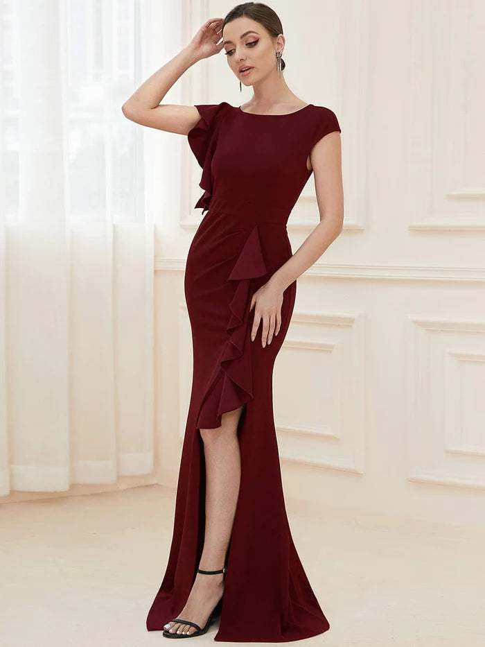 Ruffled Asymmetrical Front Slit Floor-Length Knit Evening Dress