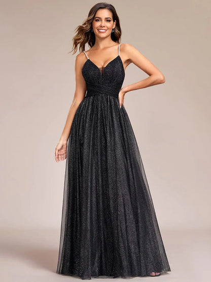 Glittering Sleeveless Spaghetti Straps V-Neck Open Back Evening Dress