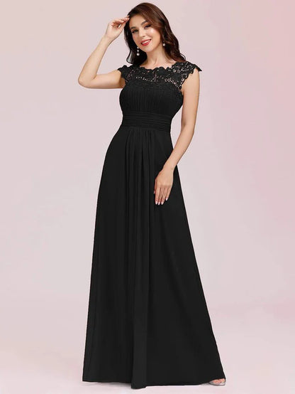 Elegant Maxi Long Lace Cap Sleeve Bridesmaid Dress