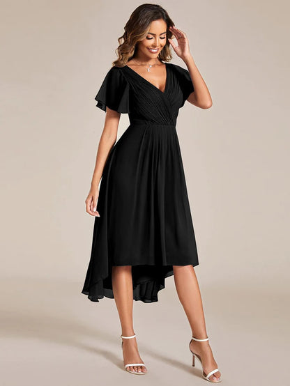 Chic V Neck Asymmetrical Hem Ruffles Sleeve Pleated Chiffon Wedding Guest Dress