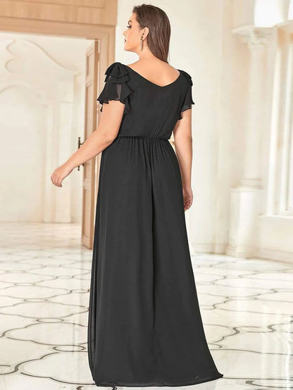 Plus Size Ruched Bodice Formal Evening Dresses with Ruffles Sleeves