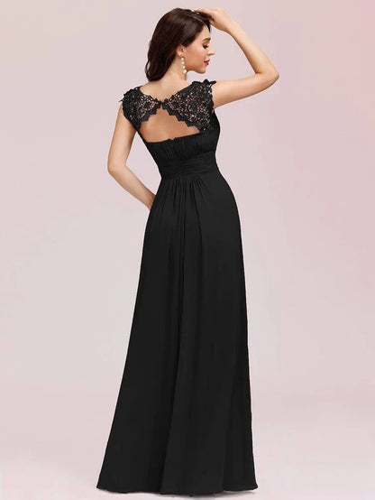 Elegant Maxi Long Lace Cap Sleeve Bridesmaid Dress