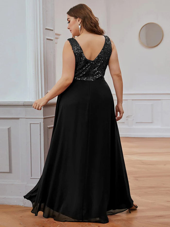 Elegant Paillette & Chiffon V-neck A-line Sleeveless Plus Size Formal Evening Dresses