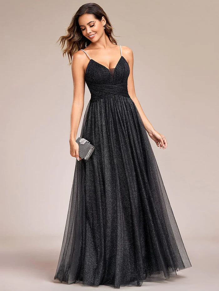 Glittering Sleeveless Spaghetti Straps V-Neck Open Back Evening Dress