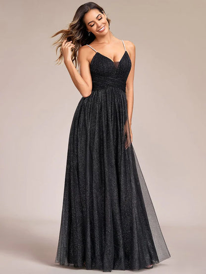 Glittering Sleeveless Spaghetti Straps V-Neck Open Back Evening Dress