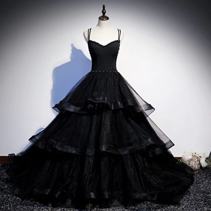 Black Tulle Layers Straps Beaded Long Evening Dress Black Formal Dress Prom Dress