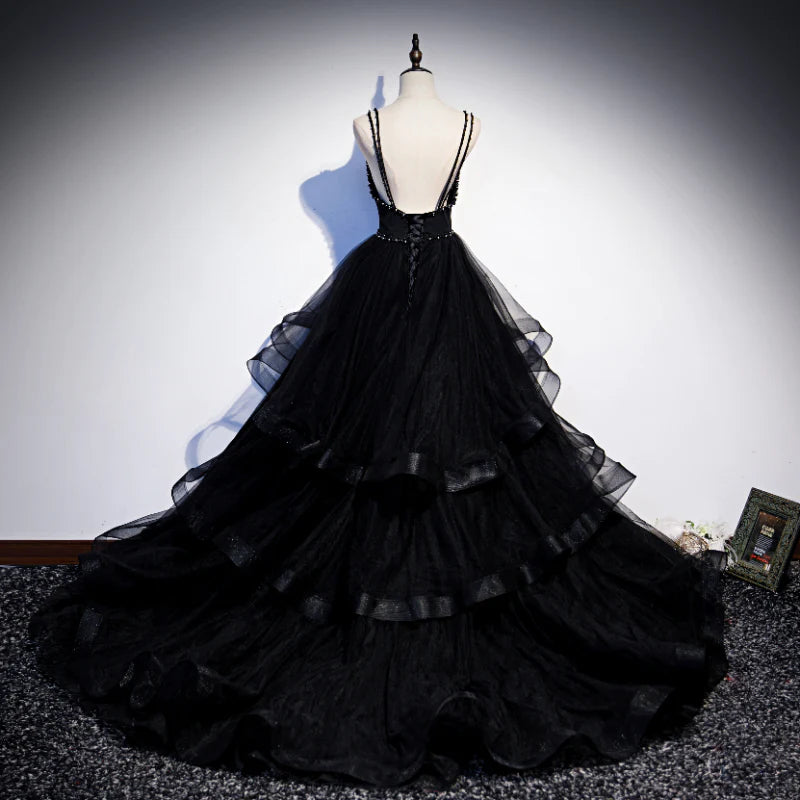 Black Tulle Layers Straps Beaded Long Evening Dress Black Formal Dress Prom Dress