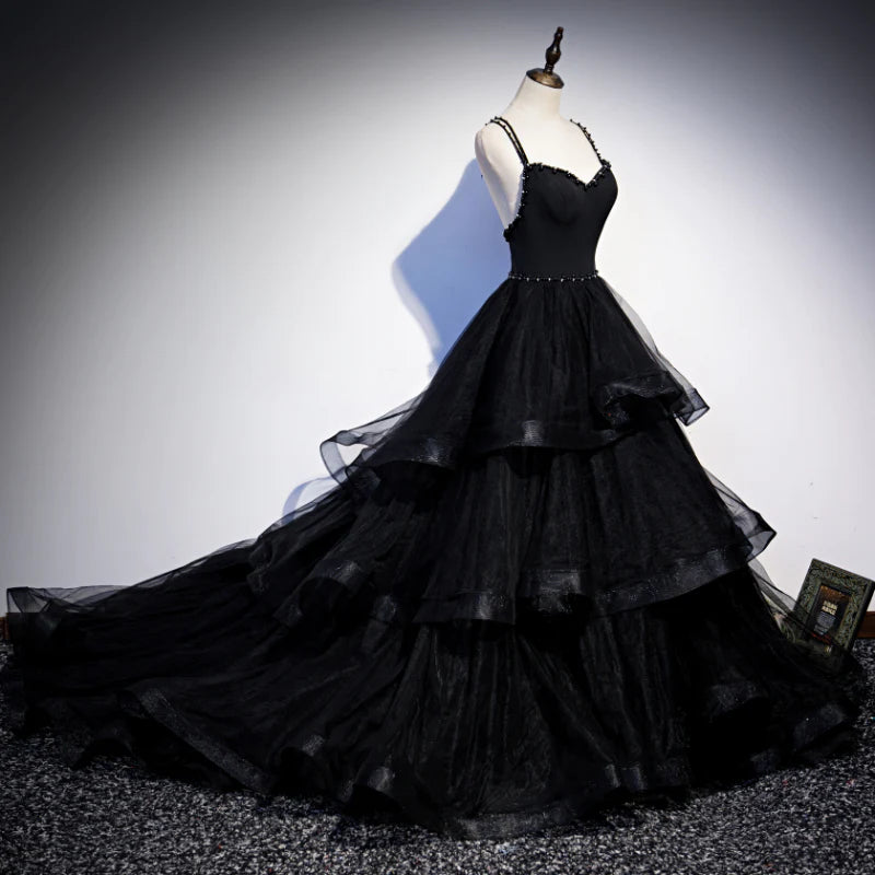 Black Tulle Layers Straps Beaded Long Evening Dress Black Formal Dress Prom Dress