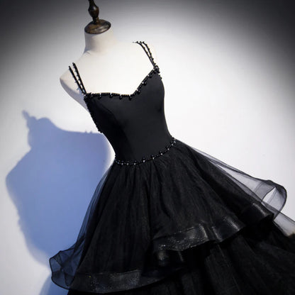 Black Tulle Layers Straps Beaded Long Evening Dress Black Formal Dress Prom Dress