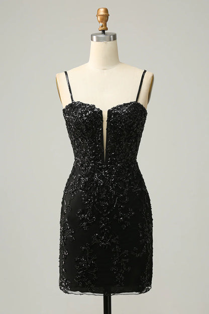 Sheath Black Sequins Homecoming Dress With Criss Cross Back