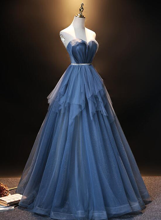 Blue Tulle Sweetheart Simple Pretty Floor Length Party Dress Blue A-line Evening Dress Prom Dress