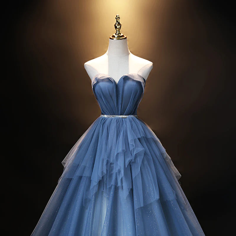 Blue Tulle Sweetheart Simple Pretty Floor Length Party Dress Blue A-line Evening Dress Prom Dress