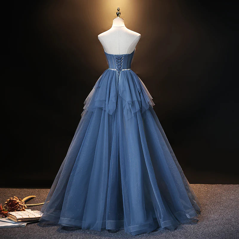 Blue Tulle Sweetheart Simple Pretty Floor Length Party Dress Blue A-line Evening Dress Prom Dress