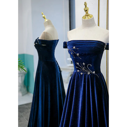 Blue Velvet Beaded Elegant Off Shoulder Evening Dress Blue Long Prom Dress Party Dress