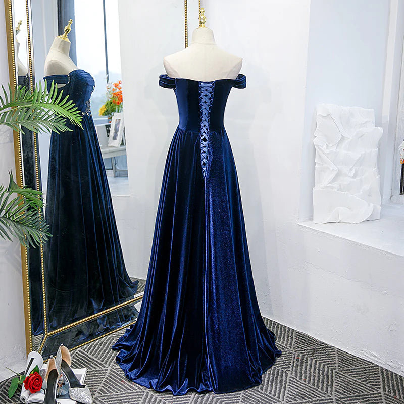 Blue Velvet Beaded Elegant Off Shoulder Evening Dress Blue Long Prom Dress Party Dress